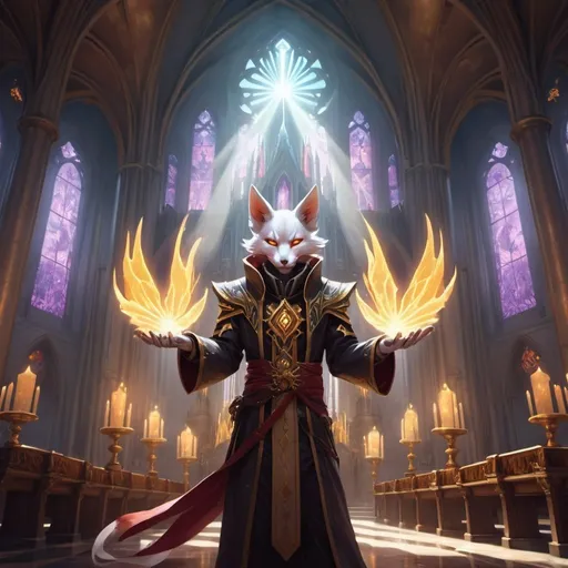 Prompt: kitsune priest with rays of light in his hands in front of fantasy cathedral interior during the day, Dr. Atl, vanitas, league of legends splash art, cyberpunk art