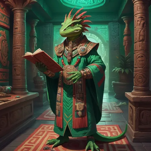 Prompt: a green lizardman nobleman in Aztec robes with ornate scroll with sealing wax in his hand, standing in front of a Aztec interior, Dr. Atl, vanitas, league of legends splash art, cyberpunk art