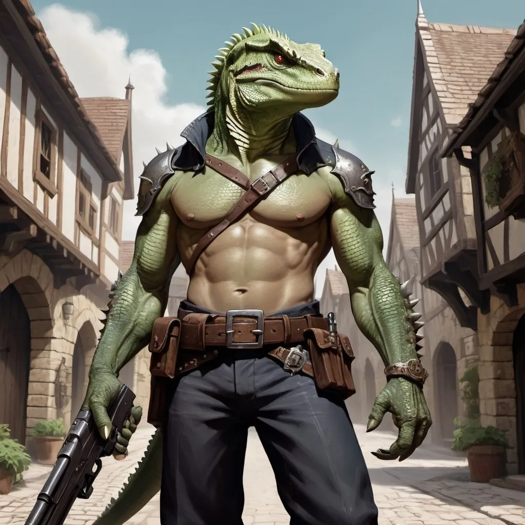 Prompt: a bare chested lizardman holding a hand cannon in his hand, with antique pistols on his belt, standing in front of medieval town, Adam Rex, furry art, epic fantasy character art, concept art