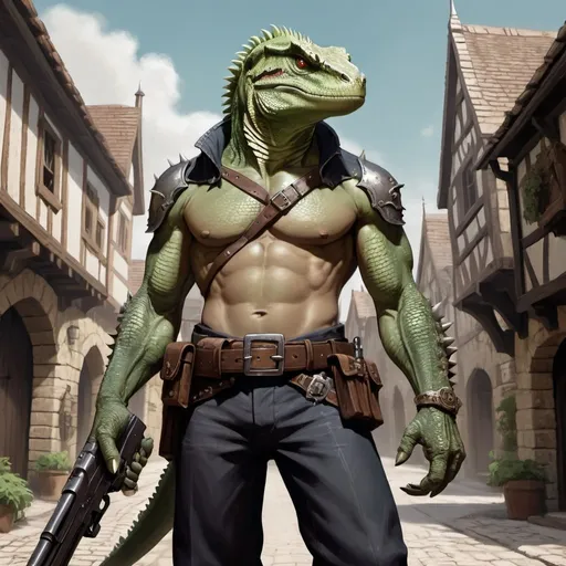 Prompt: a bare chested lizardman holding a hand cannon in his hand, with antique pistols on his belt, standing in front of medieval town, Adam Rex, furry art, epic fantasy character art, concept art