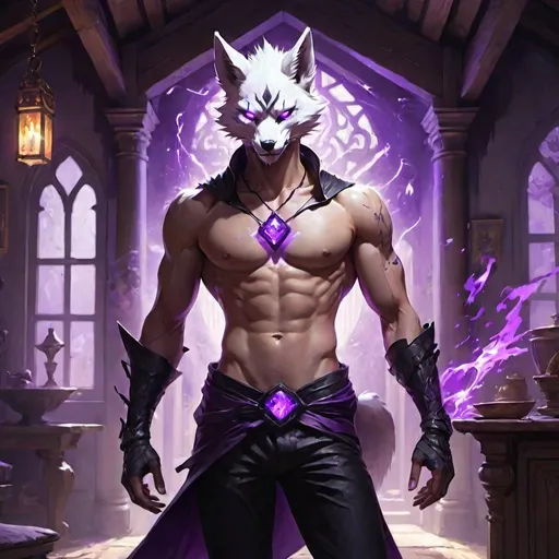 Prompt: male kitsune in a bare-chested revealing black outfit in front of the interior of an medieval aristocrat's house creates rays of purple energy, Dr. Atl, vanitas, league of legends splash art, cyberpunk art