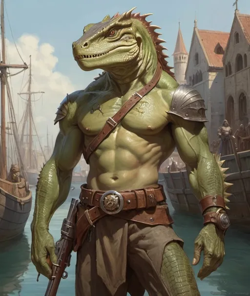 Prompt: a bare chested lizardman with scars on his chest holding a antique hand cannon in his hand standing in front of medieval harbor, with medieval hand cannons on his belt, Donato Giancola, furry art, epic fantasy character art, concept art