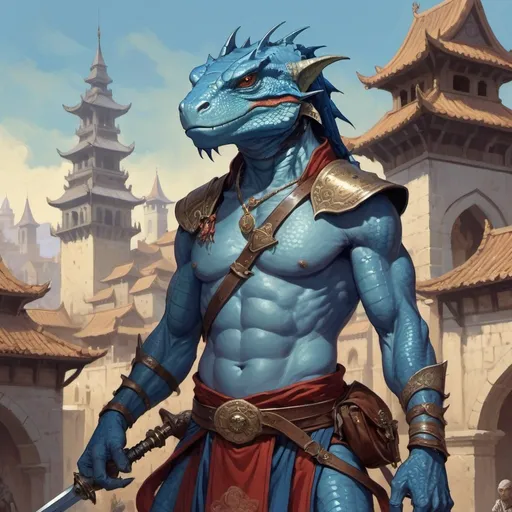 Prompt: a blue lizardman with a bare chest and sword and a bag on his shoulder and a 
yataghans in his hands in oriental attire, standing in front of a medieval fantasy city background, Art of Brom, fantasy art, epic fantasy character art