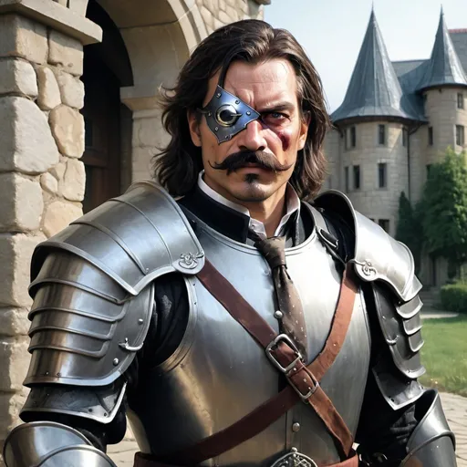 Prompt: a 40 years old man in plate armor wearing a fake eye patch with a tie covering the eye on the left eye and with thick hair and mustache standing in front of stone manor, Aleksi Briclot, antipodeans, epic fantasy character art