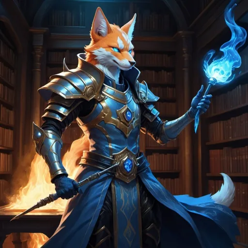 Prompt: A slender humanoid ginger kitsune in the stylish armor of a sorcerer with a metal rod in his hands creates a funnel of magical blue flame in front of interior of a stone mansion with a library in the midnight, Dr. Atl, vanitas, league of legends splash art, cyberpunk art