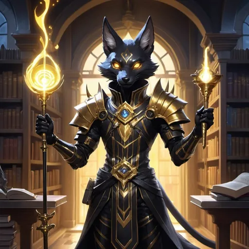 Prompt: A slender humanoid black kitsune in the stylish armor of a sorcerer with a metal rod in his hands creates a funnel of magical golden rays in front of interior of a stone mansion with a library in the midnight, Dr. Atl, vanitas, league of legends splash art, cyberpunk art