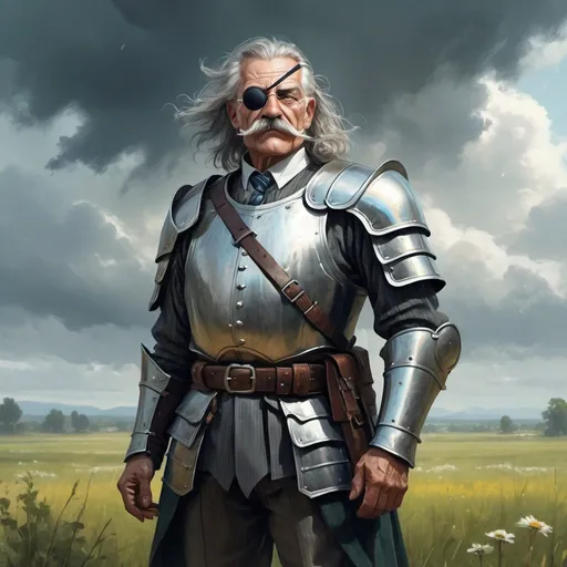 Prompt: a old man in armor wearing a fake eye patch with a tie and with thick hair and mustache stands against the backdrop of a meadow in cloudy weather, Aleksi Briclot, antipodeans, fantasy character art