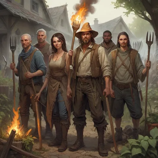 Prompt: a group of lizarfolks and humans peasants with pitchforks, torches and other garden tools in tattered clothes, Chris Rahn, fantasy art, epic fantasy character art, a character portrait