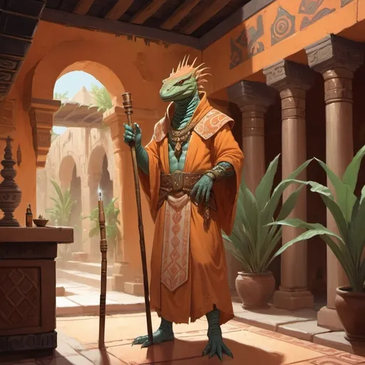Prompt: a pale orange lizardman bard with a reed in his hand in Byzantine robes standing in front of interior of aztec tavern interior in Byzantine style with pools and hookah and vegetation, Art of Brom, fantasy art, epic fantasy character art, concept art