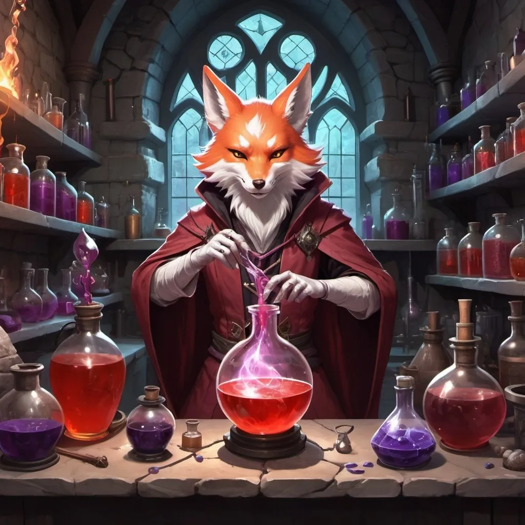 Prompt: A slender humanoid pale red kitsune dressed as a medieval alchemist mixes potions in front of interior of a fantasy medieval stone 
alchemical laboratory, Dr. Atl, vanitas, league of legends splash art, cyberpunk art