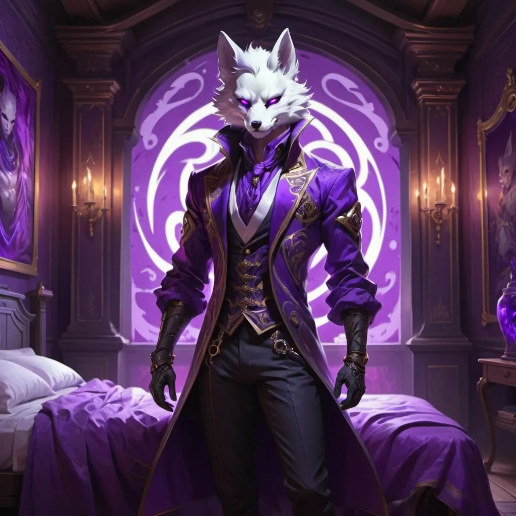Prompt: male kitsune in a revealing outfit in front of the interior of an medieval aristocrat's bedroom creates spirals of violet energy, Dr. Atl, vanitas, league of legends splash art, cyberpunk art