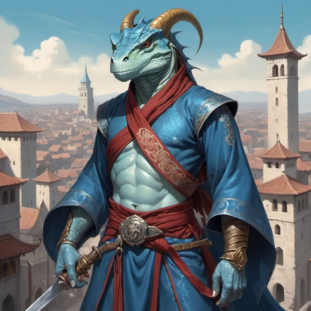 Prompt: a blue bare-chested lizardman wizard  without outerwear and sword and a bag on his shoulder and a scimitar in his hands in oriental attire in satin scarves around the neck with long ears and horns, standing in front of a medieval european fantasy city background, Art of Brom, fantasy art, epic fantasy character art