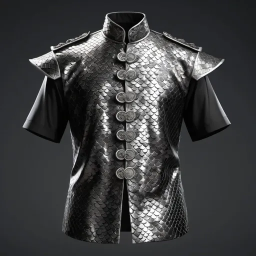 Prompt: a silver shirt with a button on the chest and a collared neckline composed of black dragon scales, with a pattern of scales on the chest, An Zhengwen, kitsch movement, armor, a digital rendering