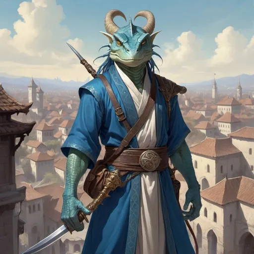 Prompt: a blue bare-chested lizardman wizard  without outerwear and sword and a bag on his shoulder and a scimitar in his hands in oriental attire in satin scarves around the neck with long ears and horns, standing in front of a medieval european fantasy city background, Art of Brom, fantasy art, epic fantasy character art