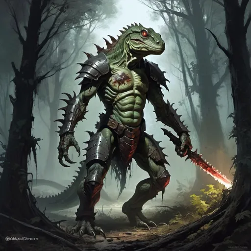 Prompt: zombie lizardman-warrior in heavy armor wanders through the dark forest, Aleksi Briclot, gothic art, deviantart artstation, a fine art painting