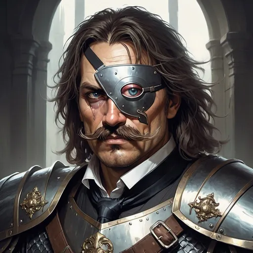 Prompt: a 40 years old man in plate armor wearing a fake eye patch with a tie covering the eye on the left eye and with thick hair and mustache, Aleksi Briclot, antipodeans, epic fantasy character art