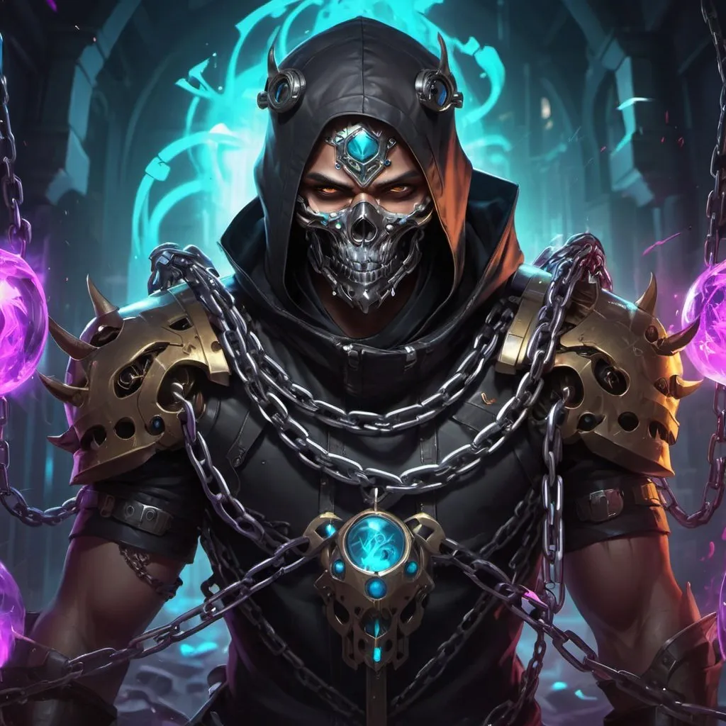 Prompt: chain mail with chains, Dr. Atl, vanitas, league of legends splash art, cyberpunk art