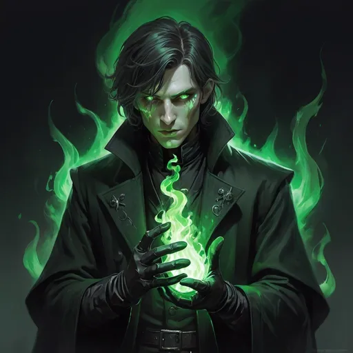 Prompt: a necromancer human from DnD in a black coat and gloves with small scars on the face and green eyes with medium length hair holding a green light up glove in his hands and creates a funnel of magical green flame, Aleksi Briclot, gothic art, deviantart artstation, a fine art painting