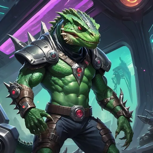 Prompt: A muscular green lizardman, armed with a syringe pistol, dressed in armor with an open belly, stands against the backdrop of a futuristic spaceship, Dr. Atl, vanitas, league of legends splash art, cyberpunk art