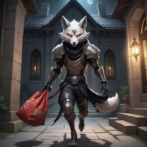 Prompt: A slender humanoid grey kitsune in the stylish armor of a thief holding a bag with scrools in his hands runs in front of interior of a stone mansion in the midnight, Dr. Atl, vanitas, league of legends splash art, cyberpunk art