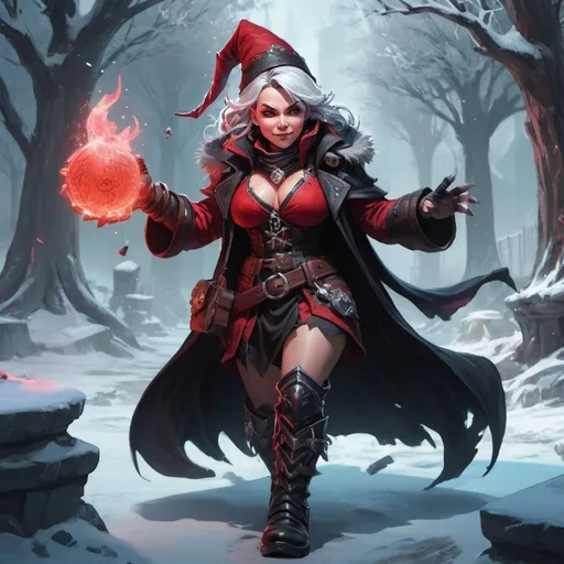 Prompt: a dwarf woman witch from Dungeons and Dragons in a red and black clothes and a black coat and boots causes a magic of frost, Dr. Atl, vanitas, league of legends splash art, cyberpunk art
