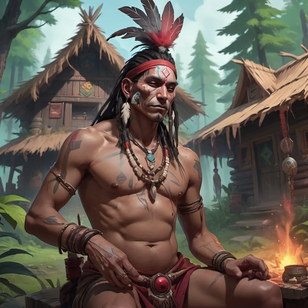 Prompt: a bare-chested shaman dressed like a Indian medicine man treats the wounded in front of hut and forest, Dr. Atl, vanitas, league of legends splash art, cyberpunk art