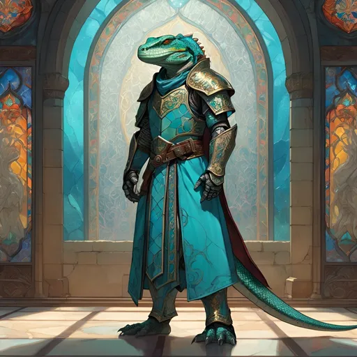 Prompt: A lizardfol paladin with a khopesh in his right hand stands against the background of a fantasy temple interior, colored stained glass windows from which daylight falls, curtains hanging down to the floor. He is dressed in oriental style metal heavy armor. Behind his back is a turquoise cloak. Its scales are pale blue. He mysteriously looks somewhere into the distance.  Highly detailed.