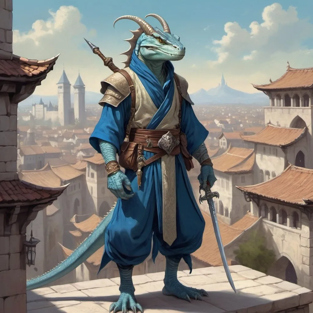 Prompt: a blue bare-chested lizardman wizard  without outerwear and sword and a bag on his shoulder and a scimitar in his hands in oriental attire in satin scarves around the neck with long ears and horns, standing in front of a medieval european fantasy city background, Art of Brom, fantasy art, epic fantasy character art