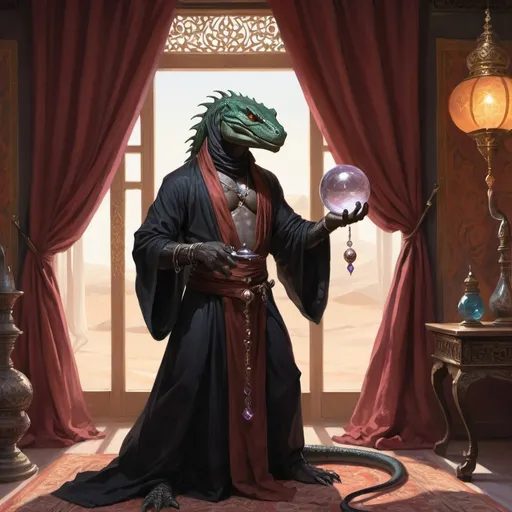 Prompt: a black lizardman sorcerer in Persian robes with a bare chest and sword and a blowing in the wind ribbon on his shoulder and a crystal ball in his hand, standing in front of a Persian interior with hookah and satin curtains, Art of Brom, fantasy art, epic fantasy character art