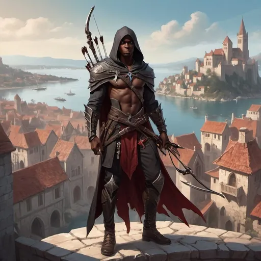 Prompt: a young dark man in a high quality assassin's clothes holding a two sickles in his hands and a one-handed crossbow on his back in the pose of Valeera Sanguinar in front of medieval city with bay, Clint Cearley, fantasy art, epic fantasy character art, concept art