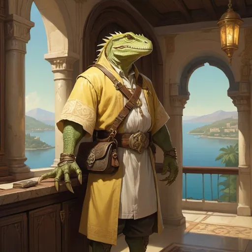 Prompt: a pale yellow lizardman engineer with scrolls in his hand and shoulder bag with scrolls in armenian clothes standing in front of interior of cabinet overlooking the bay and vegetation in Byzantine style, Art of Brom, fantasy art, epic fantasy character art, concept art