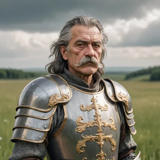 Prompt: a old man in plate armor without left eye with eye patch, with thick hair and mustache, stands against the backdrop of a meadow in cloudy weather, character art