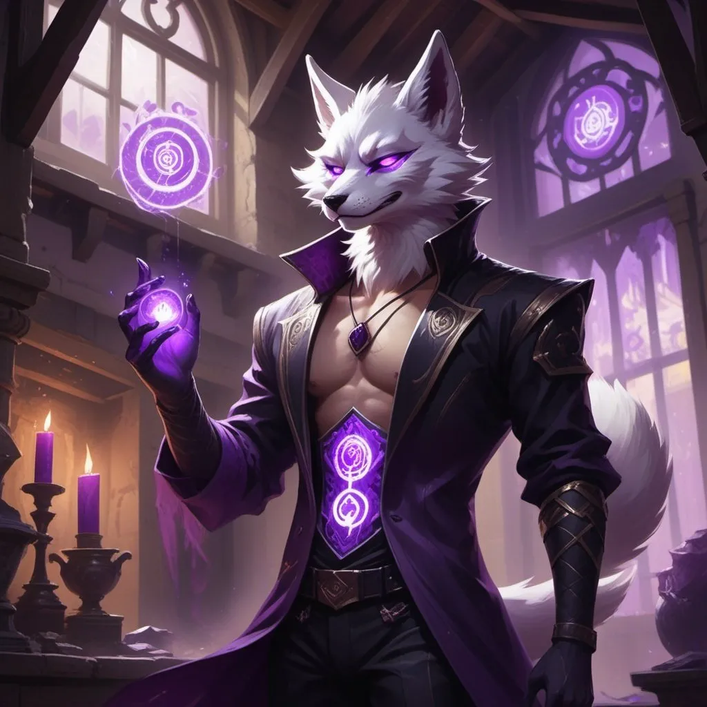 Prompt: male kitsune with furry body like a furry in a bare-chested revealing black outfit in front of the interior of an medieval aristocrat's house creates rays of purple energy, Dr. Atl, vanitas, league of legends splash art, cyberpunk art