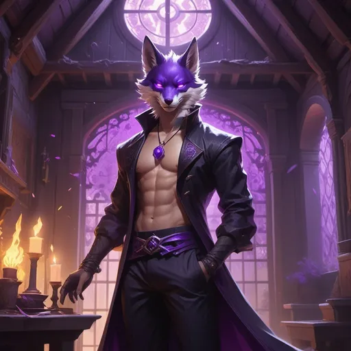 Prompt: male kitsune in a bare-chested revealing black outfit in front of the interior of an medieval aristocrat's house creates rays of purple energy, Dr. Atl, vanitas, league of legends splash art, cyberpunk art