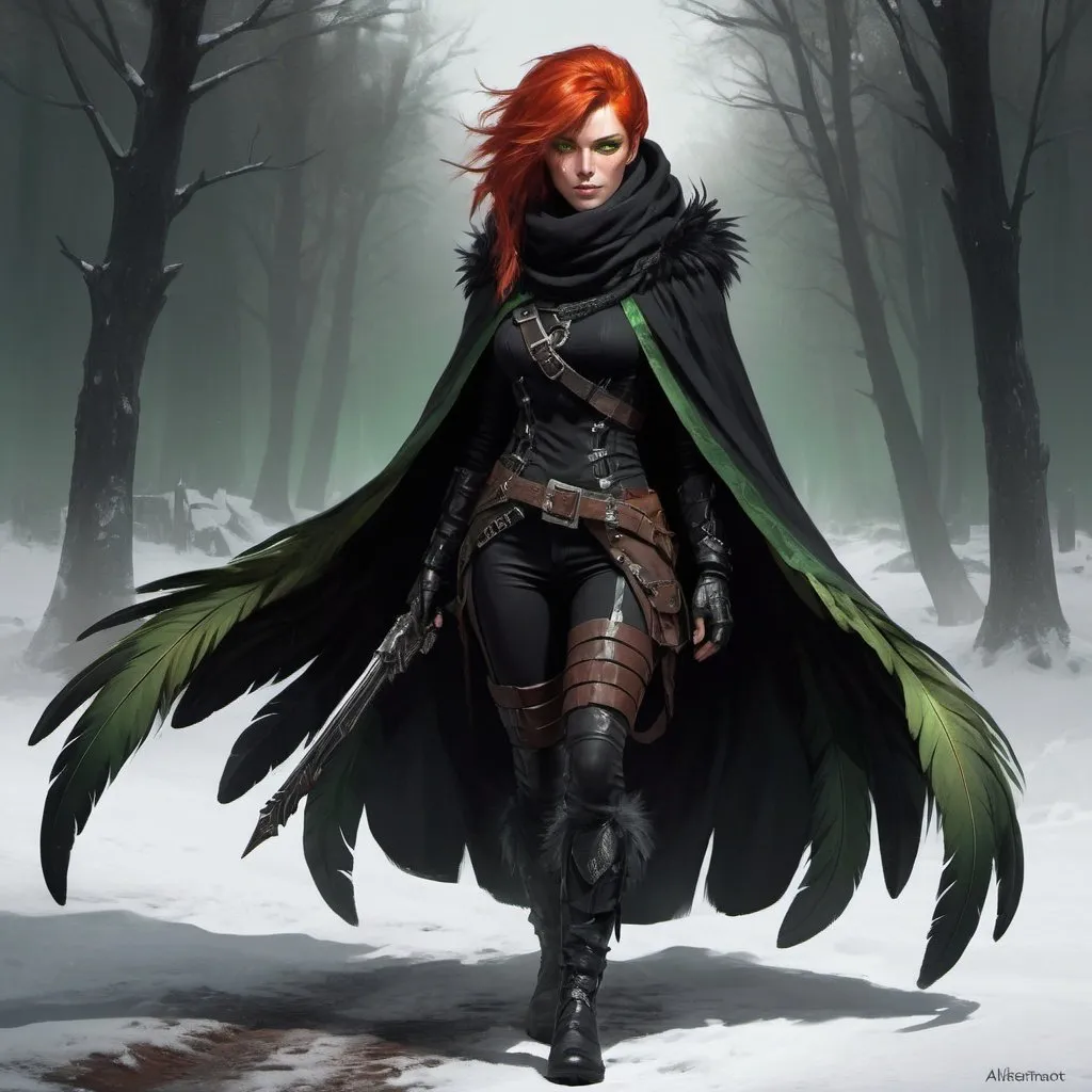 Prompt: a scandinavian woman monster hunter with red hair and green eyes wearing a black outfit and a black scarf with green feathers on her head and a black snood around her neck and and cape, full length, Aleksi Briclot, gothic art, deviantart artstation, a fine art painting