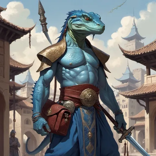 Prompt: a blue lizardman wizard with a bare chest and sword and a bag on his shoulder and a 
yataghan in his hands in oriental attire, surrounded by magical energy, standing in front of a medieval fantasy city background, Art of Brom, fantasy art, epic fantasy character art