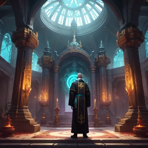 Prompt: a priest in front of interior of fantasy temple, Dr. Atl, vanitas, league of legends splash art, cyberpunk art