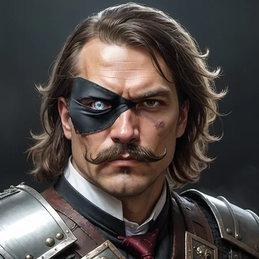 Prompt: a 40 years old man in armor wearing a fake eye patch with a tie covering the eye on the left eye and with thick hair and mustache, Aleksi Briclot, antipodeans, epic fantasy character art