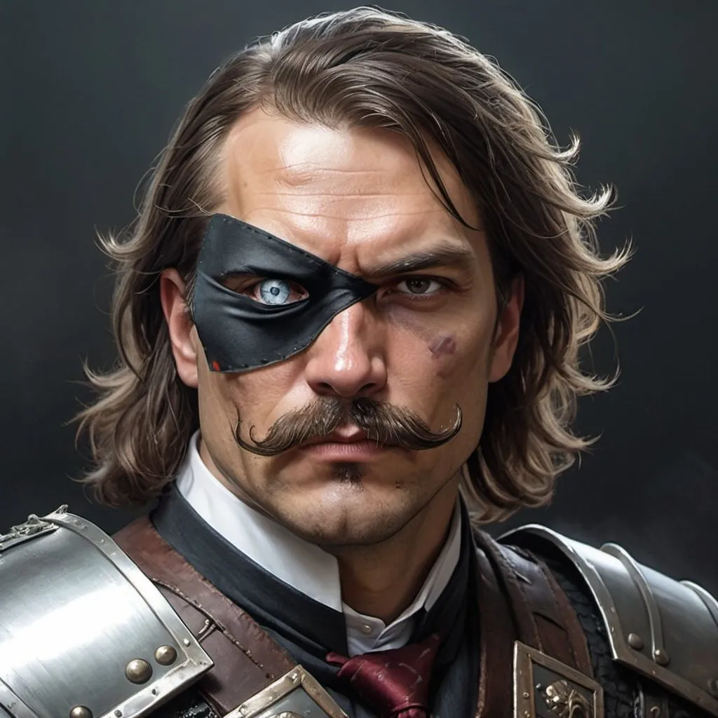 Prompt: a 40 years old man in armor wearing a fake eye patch with a tie covering the eye on the left eye and with thick hair and mustache, Aleksi Briclot, antipodeans, epic fantasy character art