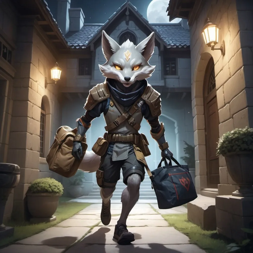 Prompt: A slender humanoid grey kitsune in the stylish armor of a scout holding a bag with scrools in his hands runs in front of interior of a stone mansion in the midnight, Dr. Atl, vanitas, league of legends splash art, cyberpunk art