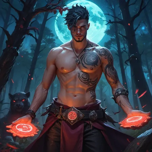 Prompt: a bare-chested man dressed like a medieval savage draws a magic seal in front of night forest, Dr. Atl, vanitas, league of legends splash art, cyberpunk art