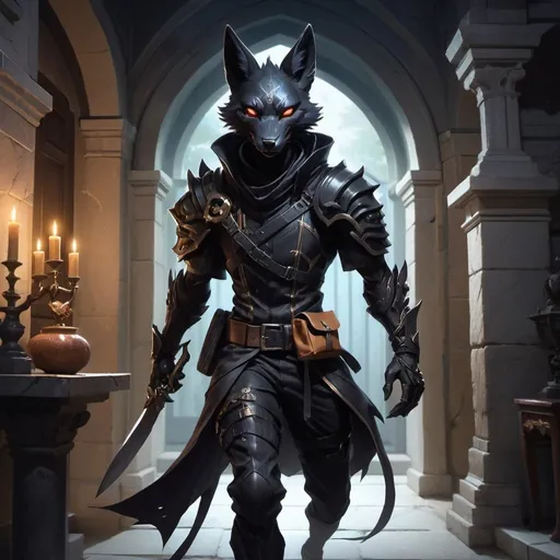 Prompt: A slender humanoid black kitsune in the stylish armor of a thief holding a bag with scrools in his shoulder and knife in his hand runs in front of interior of a stone mansion in the midnight, Dr. Atl, vanitas, league of legends splash art, cyberpunk art
