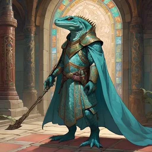 Prompt: A lizardfolk paladin with a khopesh in his right hand, he stands against the background of a fantasy temple interior, his muzzle looks like a cayman, he smiles reservedly, colored stained glass windows from which daylight falls, curtains hanging down to the floor. He is dressed in oriental style metal heavy armor. Behind his back is a turquoise cloak. Its scales are pale blue. He mysteriously looks somewhere into the distance. Highly detailed.