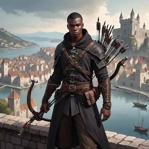 Prompt: a dark young man in a high quality assassin's clothes holding a one-handed crossbows in front of medieval city with bay, Clint Cearley, fantasy art, epic fantasy character art, concept art