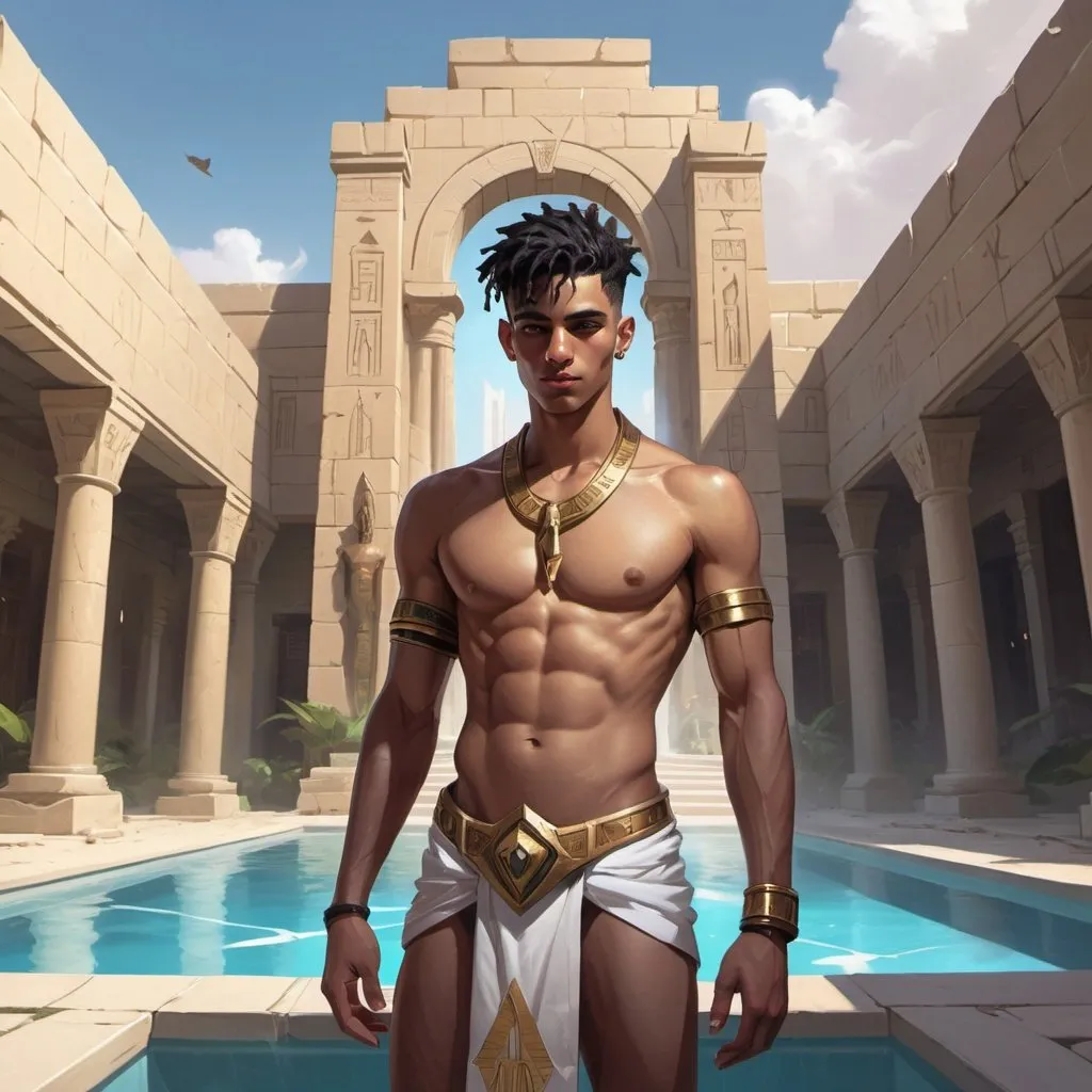 Prompt: a Egyptian bare-chested young man-priest with a short loincloth in front of stone hall with swimming pool, Dr. Atl, vanitas, league of legends splash art, cyberpunk art