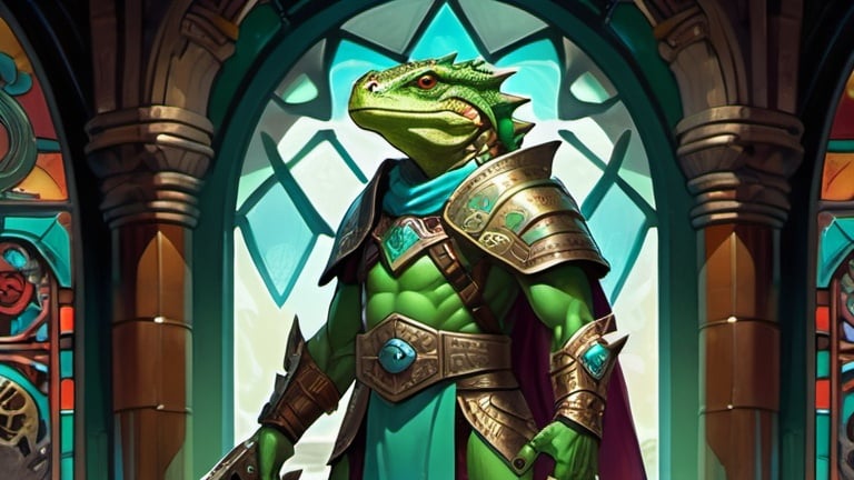 Prompt: A green lizardman paladin with mace in his hand dressed in oriental style metal heavy armor and a silk scarf and turquoise cloak, standing against the background of a fantasy Aztec temple interior with colored stained glass windows and curtains, Art of Brom, fantasy art, epic fantasy character art, concept art