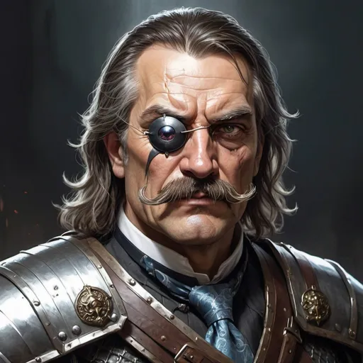 Prompt: a 50 years old man in plate armor wearing a fake eye patch with a tie on the left eye and with thick hair and mustache, Aleksi Briclot, antipodeans, epic fantasy character art