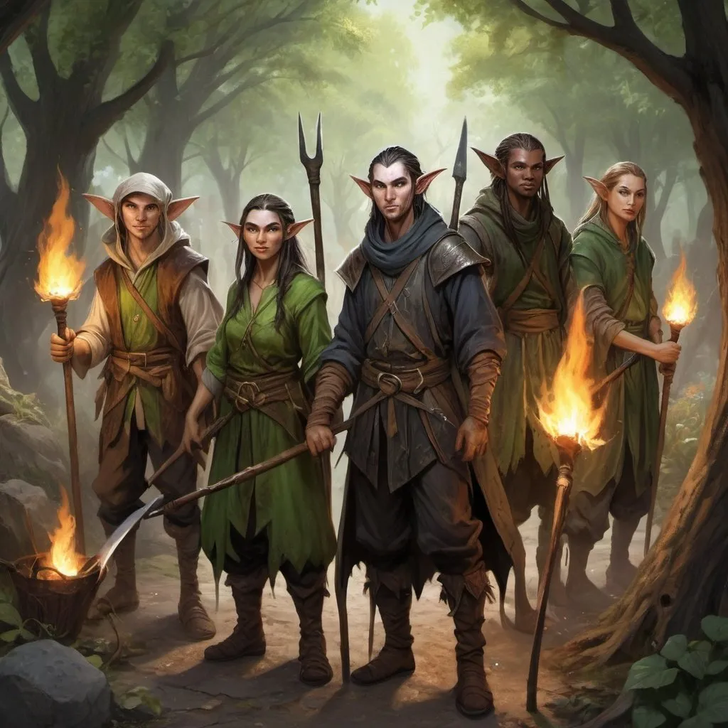 Prompt: a group of elves, dragonborns, kitsune, kenku and humans peasants with pitchforks, torches and other garden tools in tattered clothes, Chris Rahn, fantasy art, epic fantasy character art, a character portrait