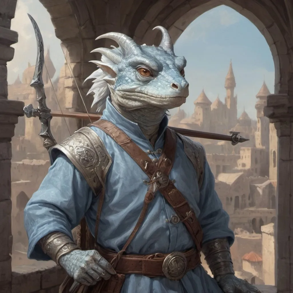 Prompt: a silver lizard-kobold from Dungeons and Dragons with a horned head and a bow in his hand wearing pale indigo arabic clothes, holding a bow at the ready in his hand, standing in front of a medieval oriental fantasy city background, Dr. Atl, vanitas, epic fantasy character art, a character portrait