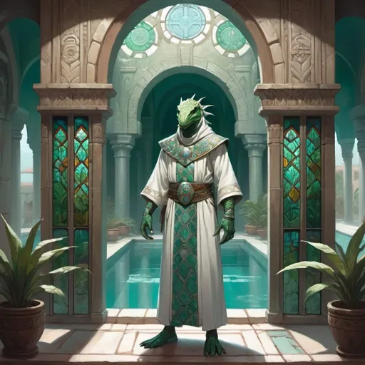 Prompt: a white lizardman cleric in Byzantine robes, standing in front of interior with sea green cotton curtains and in front of aztec temple interior with stained glass windows and pools and vegetation, Art of Brom, fantasy art, epic fantasy character art, concept art
